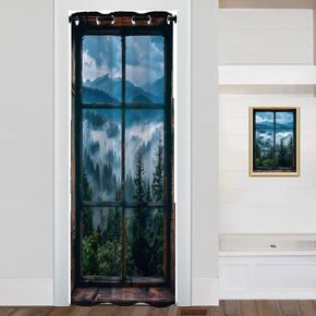 Misty Forest Landscape Door Curtain for Doorway, Wooden Forest Mountain Rustic Room Divider Curtain for Kids Boys Girls Teens Bedroom Living Room 1 Panel 34" W X 80" L