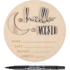 Giantree Baby Announcement Sign, 5.9Inch Round Baby Nursery Name Signs, Wooden Birth Moon And Stars Welcome Baby Sign for Baby Shower Hospital Nursery for Baby, Newborn Boys and Girls Gift