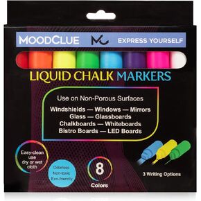 MoodClue 12 neon liquid chalk markers Windows, mirrors, car windshields, auto, glass, whiteboards, chalkboards, bistro boards. Erasable, washable. Wet or dry erase. Reversible thick and thin tip.