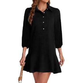 Women Button Down Dress Casual 3/4 Puff Sleeve Cotton Linen Dress Flowy Ruffle Hem Tunic Shirt Dresses