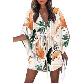 yoeasy Women Print Drawstring 3/4 Sleeve V Neck Boho Dress Casual Sun Beach Mini Dress