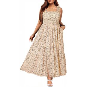 Women's Plus Size Summer Maxi Sun Dress Spaghetti Strap Ruched Bust Long Casual Sundress with Pockets