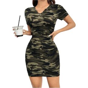 Women's V Neck Slim Fit Camouflage Dress Short Sleeve Bodycon Pencil Dress Casual T Shirt Dress