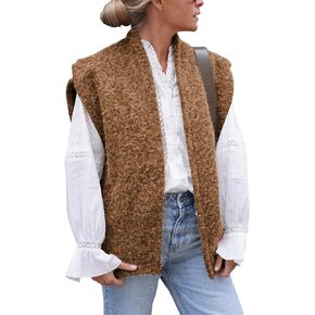 Lviefent Womens Brushed Vest Faux Fur Cap Sleeve Open Front Gilet Sleeveless Jacket Outwear with Pockets