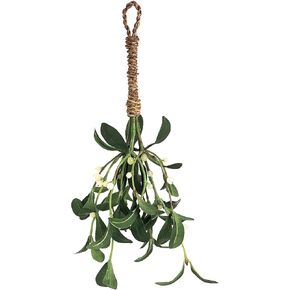 Artificial Silk Green Mistletoe with white berries and has a natural jute cord hanger for easy display. Size: 10" long