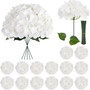 Hydrangea Artificial Flowers with Stem & Leaves, 24Pcs White Blue Faux Hydrangea Flowers Heads Bulk, Silk Real Touch Hydrangea for Home Decor Party Floral Arrangements Wedding Bouquets Centerpieces
