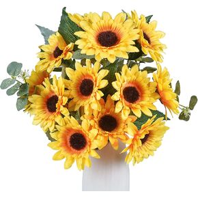 Lvydec 2 Pack Artificial Sunflower Bouquet, Silk Sunflowers with Total 18 Sunflower Heads and Eucalyptus Leaves for Home Decoration Wedding Decor (Vase Not Included)