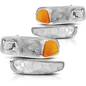 PM PERFORMOTOR OE Factory Style Replacement Headlight+Bumper Lamp Compatible with 01-07 Sierra C3 1500 Denali / 01-06 Yukon Denali & XL 1500, PMHL-DENALI-0107-4P-OEM
