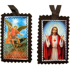 Sacred Heart Jesus Christ with Archangel Saint St Michael Brown Cloth 21 Inch Scapular Necklace