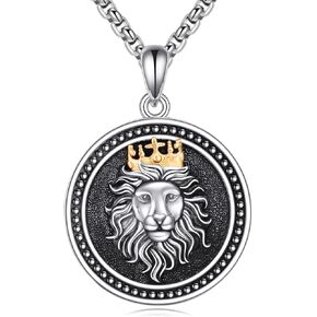 POPLYKE Lion Necklace Men Sterling Silver Lion Head Pendant Chain Gold Plated 3D Crown Lion King Jewelry Animal Gifts for Women