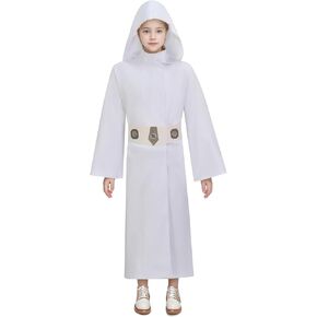 زي الأميرة ليا ذو الرداء الأبيض للأطفال والبنات ليا التنكري ذو القلنسوة مع شعر مستعار للهالوين