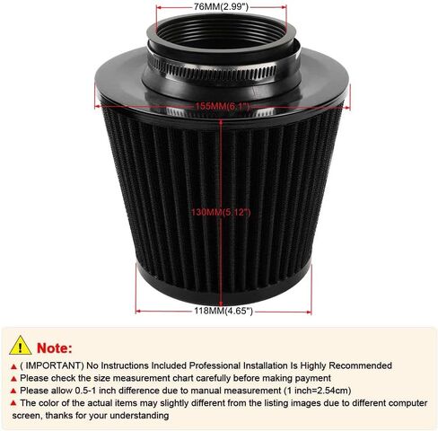 Black 3" Inlet High Flow Clamp-On Cold Air Intake Filter Cleaner 76mm Cone Replacement Dry Air Filter in Kuwait
