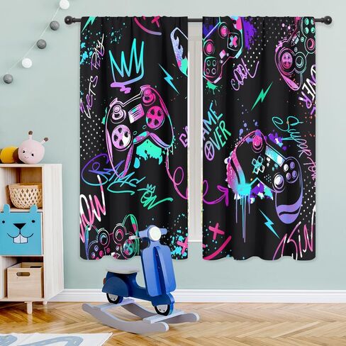 Riyidecor Neon Gaming Boys Curtains Gamer Video Games Controller Gamepad Modern Colorful Graffiti Cool Funny Rod Pocket for Kids Teens Men Bedroom Living Room Treatment Fabric 2 Panels 42Wx63H Inch in Kuwait
