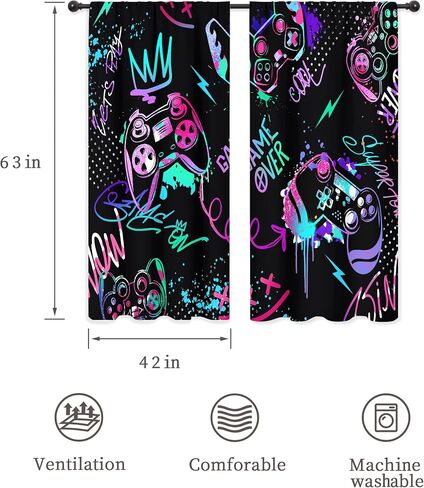 Riyidecor Neon Gaming Boys Curtains Gamer Video Games Controller Gamepad Modern Colorful Graffiti Cool Funny Rod Pocket for Kids Teens Men Bedroom Living Room Treatment Fabric 2 Panels 42Wx63H Inch in Kuwait