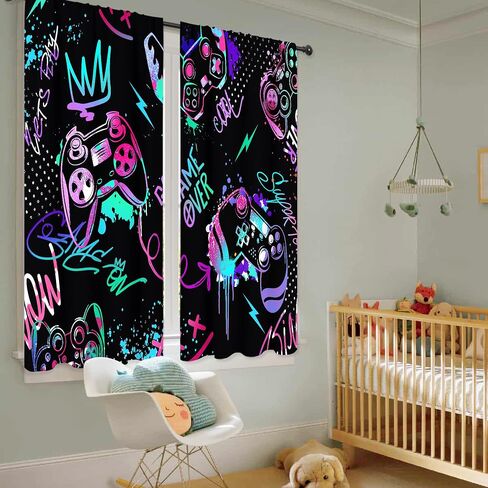 Riyidecor Neon Gaming Boys Curtains Gamer Video Games Controller Gamepad Modern Colorful Graffiti Cool Funny Rod Pocket for Kids Teens Men Bedroom Living Room Treatment Fabric 2 Panels 42Wx63H Inch in Kuwait