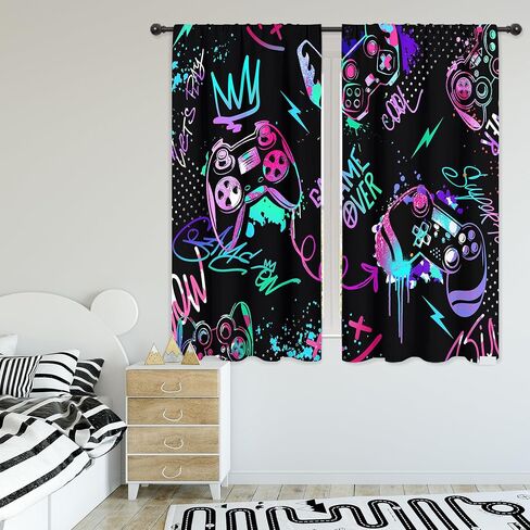 Riyidecor Neon Gaming Boys Curtains Gamer Video Games Controller Gamepad Modern Colorful Graffiti Cool Funny Rod Pocket for Kids Teens Men Bedroom Living Room Treatment Fabric 2 Panels 42Wx63H Inch in Kuwait