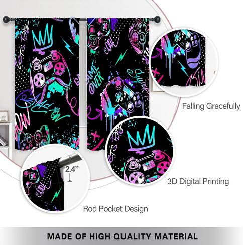 Riyidecor Neon Gaming Boys Curtains Gamer Video Games Controller Gamepad Modern Colorful Graffiti Cool Funny Rod Pocket for Kids Teens Men Bedroom Living Room Treatment Fabric 2 Panels 42Wx63H Inch in Kuwait