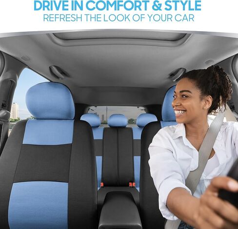 BDK PolyPro Car Seat Covers Full Set in Blue Gray on Black, Front and Rear Split Bench Seat Covers for Cars, Easy to Install Car Seat Cover Set, Car Accessories for Auto Trucks Van SUV - Blue Gray in Saudi Arabia