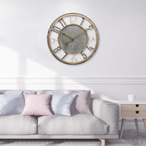 Large Wall Clock 16 Inch Grey Arabic Numerals Wooden Clock Battery Operated Silent Non-Ticking Decor Clock Modern Round Oversize Wall Clocks for Home, Hotel, Office, Bedroom (Grey, 16inch) in Saudi Arabia
