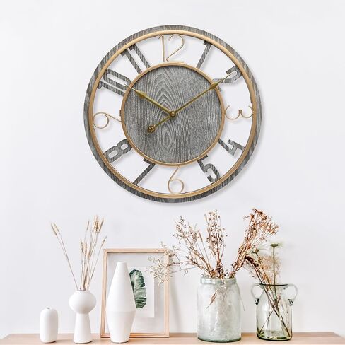 Large Wall Clock 16 Inch Grey Arabic Numerals Wooden Clock Battery Operated Silent Non-Ticking Decor Clock Modern Round Oversize Wall Clocks for Home, Hotel, Office, Bedroom (Grey, 16inch) in Saudi Arabia