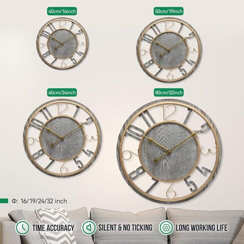 Large Wall Clock 16 Inch Grey Arabic Numerals Wooden Clock Battery Operated Silent Non-Ticking Decor Clock Modern Round Oversize Wall Clocks for Home, Hotel, Office, Bedroom (Grey, 16inch) in Saudi Arabia