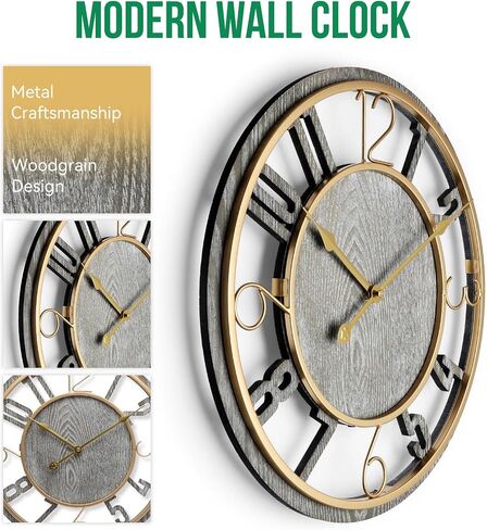 Large Wall Clock 16 Inch Grey Arabic Numerals Wooden Clock Battery Operated Silent Non-Ticking Decor Clock Modern Round Oversize Wall Clocks for Home, Hotel, Office, Bedroom (Grey, 16inch) in Saudi Arabia