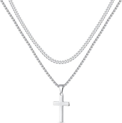 LUXEJEW Cross Necklace for Men - Gold Silver Black Stainless Steel Cross Chain Necklace for Men Boys Layered Cuban Link Chain Box Chain Cross Pendant Necklace Mens Jewelry Gifts 16 18 20 22 24 Inch in Saudi Arabia