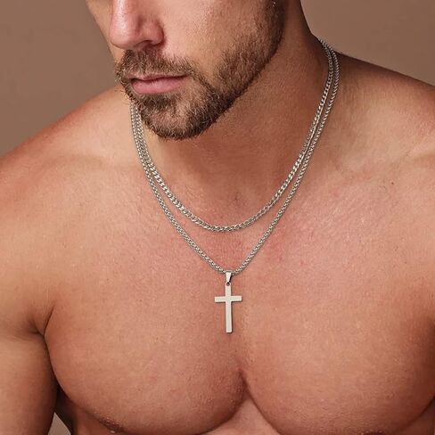 LUXEJEW Cross Necklace for Men - Gold Silver Black Stainless Steel Cross Chain Necklace for Men Boys Layered Cuban Link Chain Box Chain Cross Pendant Necklace Mens Jewelry Gifts 16 18 20 22 24 Inch in Saudi Arabia