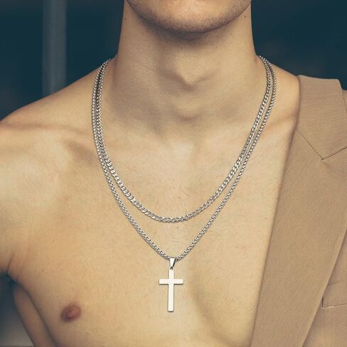 LUXEJEW Cross Necklace for Men - Gold Silver Black Stainless Steel Cross Chain Necklace for Men Boys Layered Cuban Link Chain Box Chain Cross Pendant Necklace Mens Jewelry Gifts 16 18 20 22 24 Inch in Saudi Arabia
