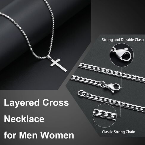 LUXEJEW Cross Necklace for Men - Gold Silver Black Stainless Steel Cross Chain Necklace for Men Boys Layered Cuban Link Chain Box Chain Cross Pendant Necklace Mens Jewelry Gifts 16 18 20 22 24 Inch in Saudi Arabia