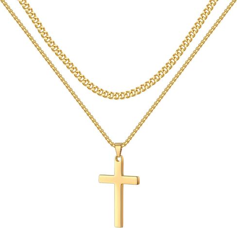 LUXEJEW Cross Necklace for Men - Gold Silver Black Stainless Steel Cross Chain Necklace for Men Boys Layered Cuban Link Chain Box Chain Cross Pendant Necklace Mens Jewelry Gifts 16 18 20 22 24 Inch in Saudi Arabia
