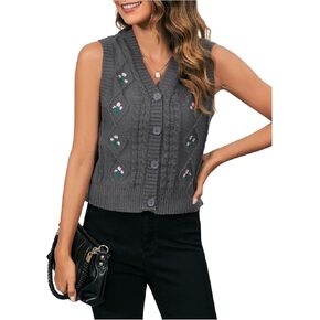 MakeMeChic Women's Floral Embroidery V Neck Button Down Cable Knit Sleeveless Crop Sweater Vest Top