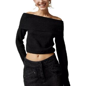 Women Casual Solid Sweater Top Long Sleeve Off Shoulder Ribbed Knit Cropped Shirt Fairy Grunge Fall Y2K Streetwear