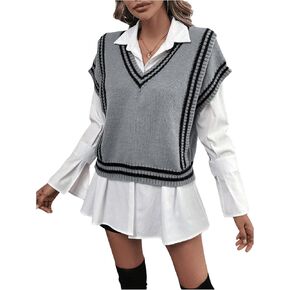 SweatyRocks Women's V Neck Color Block Striped Trim Sweater Vest Sleeveless Knit Tank Tops
