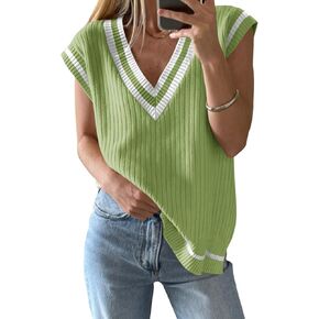 Anbech Womens V Neck Sweater Vest Ribbed Knit Sleeveless Tanks Cap Sleeve Loose Tops