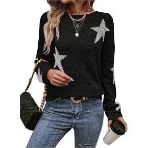 MakeMeChic Women's Star Print Boat Neck Sweater Long Sleeve Lightweight Pullover Top