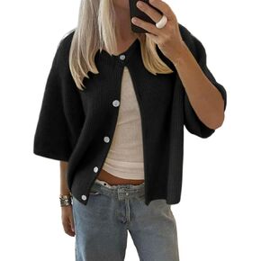 Cioatin Women Yellow Short Sleeve Button Down Crop Cardigan Sweater Y2K Oversized Aesthetic Knit Shirt Tops Preppy Girls