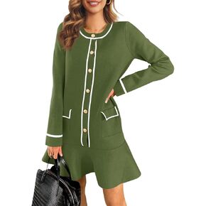 Saodimallsu Womens Ruffle Sweater Dress Button Fall Crew Neck Trendy Color Block Long Sleeve Mini Dresses with Pockets