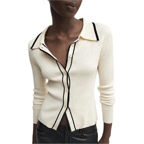 GORGLITTER Women's Contrast Trim Button Down Sweater Cardigan Long Sleeve Collar Rib Knit Tops