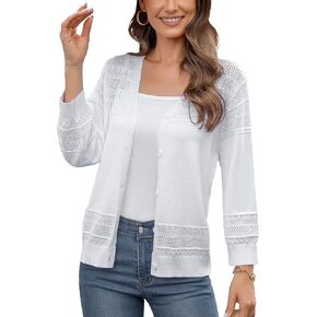 Women's Casual Lightweight 3/4 Sleeve Cardigan Trendy Soft Button Down Hollow Out Cardigans Sweaters