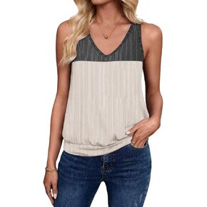 Anbech Women's Sleeveless Tshirts V Neck Summer Tank Tops Color Block Loose Cami Shirt