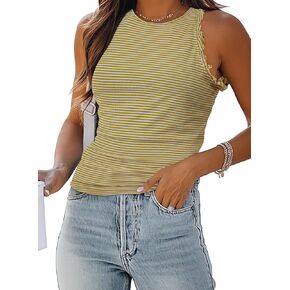 AlvaQ Womens Tank Tops 2024 Summer Casual Basic Striped Crewneck Ruffle Sleeveless Shirts