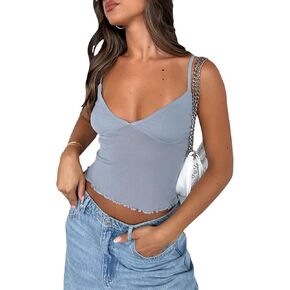 Y2k Sexy See Through Mesh Sheer Tank Tops Women Spaghetti Strap Backless Going Out Cami Crop Top Lace Streetwear