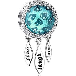 KunBead Women Heart Live Laugh Love Blue Birthstone Pendant Charms Compatible with Pandora Charm Bracelets
