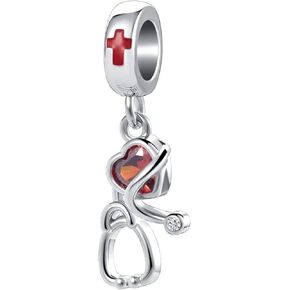 Red Cross Stethoscope Nursing Electrocardiogram Heartbeat Nurse Dangle Medical Charm Bead fit Pandora Charms Bracelet Necklace, (DW-NEW109)