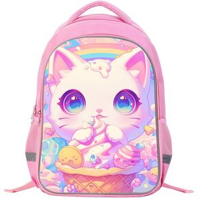 Girls Pink Backpacks 17 Inch Schoolbag for Kids,Cartoon Cat with Ice Cream Rainbow Bookbag,Elementary Lightweight Girls Backpack