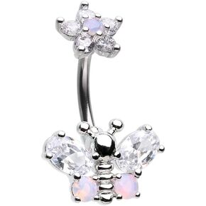 Pierced Owl 14GA Stainless Steel CZ Crystal Butterfly with Flower Top Belly Button Ring