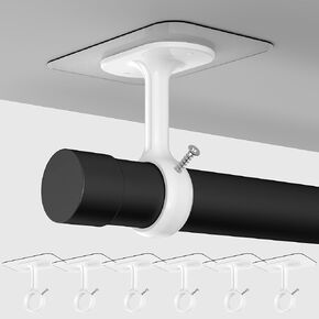 Curtain Rod Brackets Ceiling Mount, (6 Pack) White Self Adhesive Curtain Rod Holder No Drill, Nail-Free Adjustable Curtain Hanging Hooks Stick On Drape Pole Stand for Bathroom Bedroom Kitchen