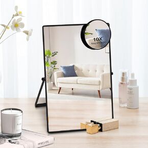 Desktop Vanity Mirror, Portable Upright Mirror, 360 ° Adjustable Metal Stand Make up Mirror and 10x Magnifying Glass for Bedroom, Office, Dorm Room. 12.95 "x 8.62" (Black Rectangle)