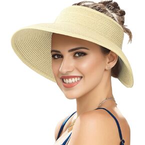 Straw Sun Visor Hats for Women, Pakcable Roll-Up Wide Brim Ponytail Summer Beach Hat, Straw Hats for Women UV Protection